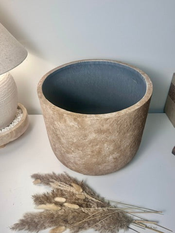 Rustic Hand-Painted & Textured Planter 12" tall with drainage hole one time creation - Brown washed
