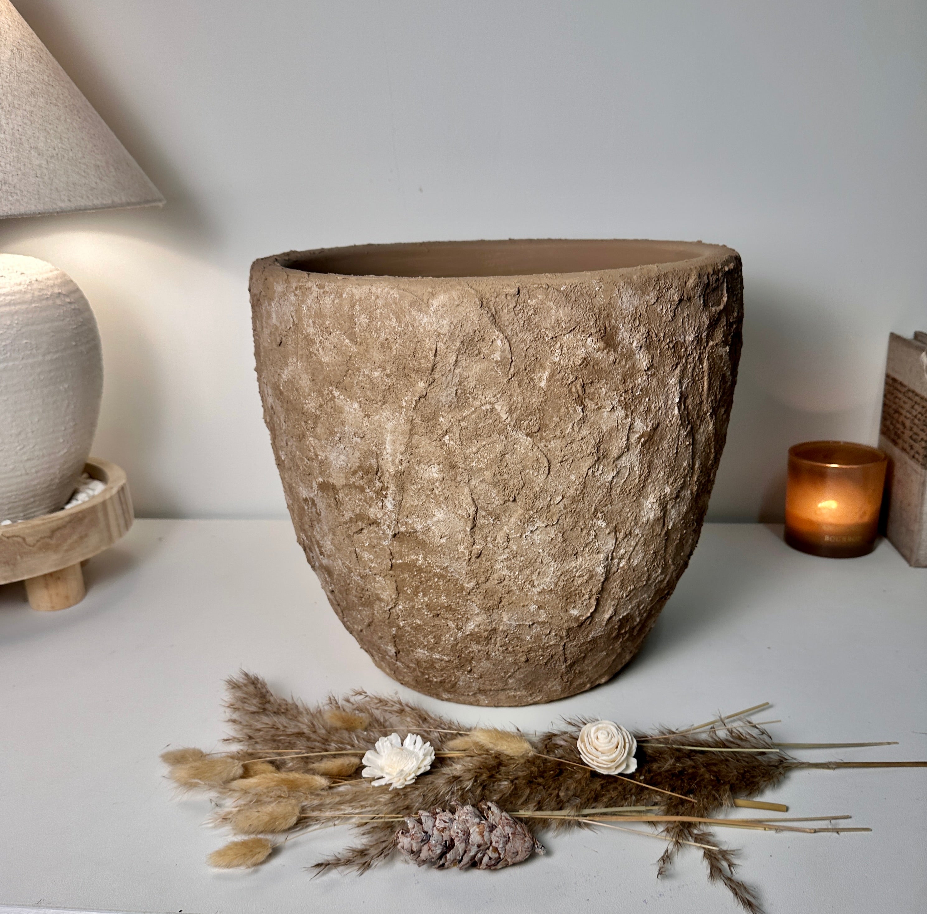 Rustic Hand-Painted & Textured Planter Pot 13" tall with drainage hole one time creation - Earth Brown on Brown
