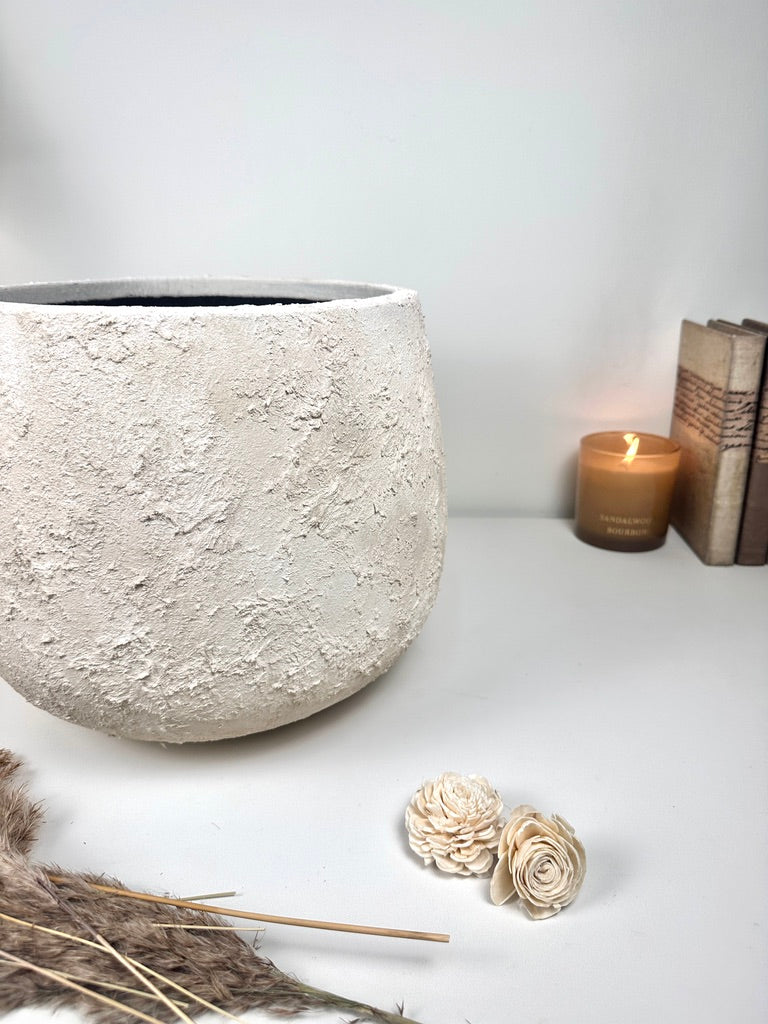Minimalist Textured Hand-painted Ceramic Planter 10.5" tall - off white washed