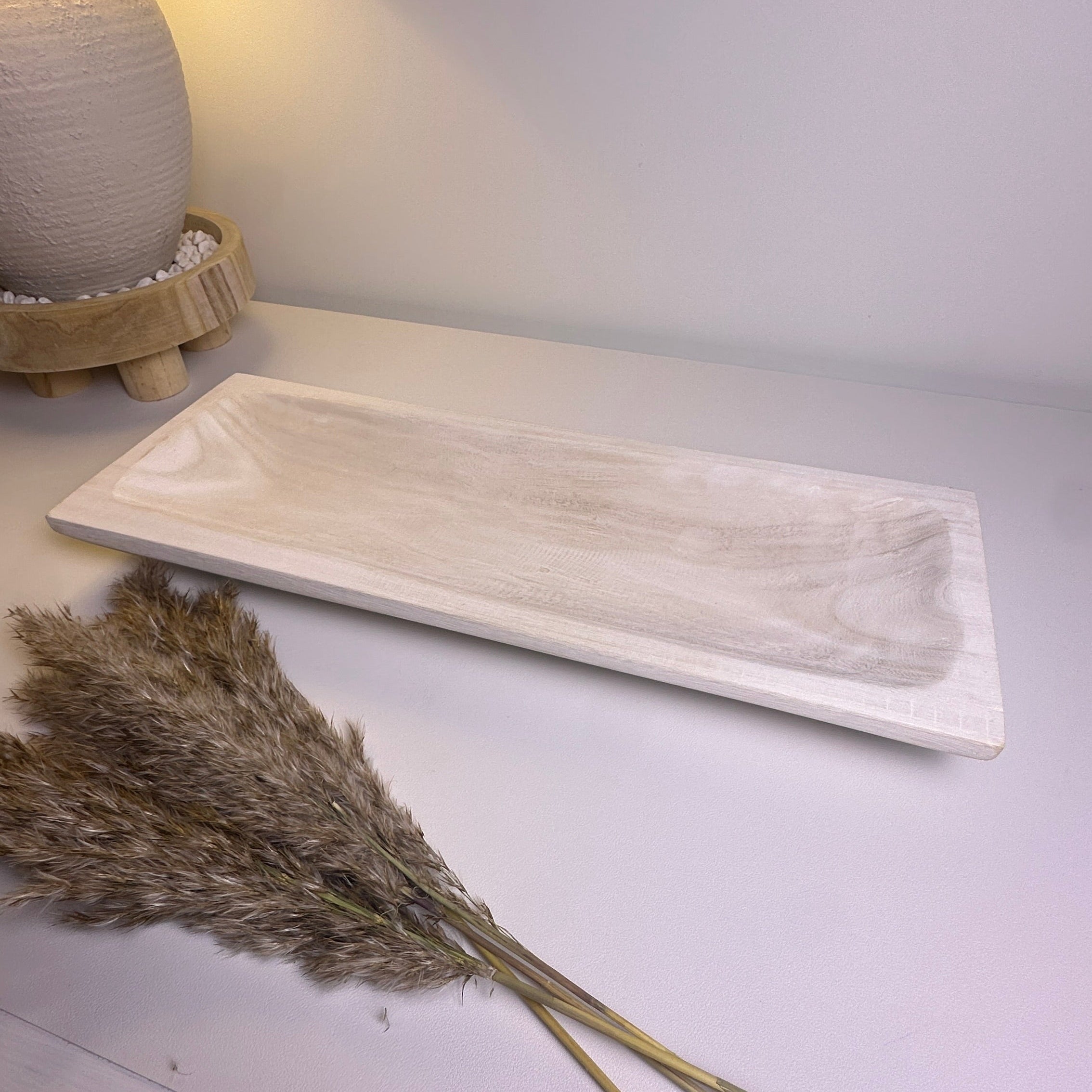 Paulownia Wood Boho Tray 20" long - Ivory Sand Whitewashed