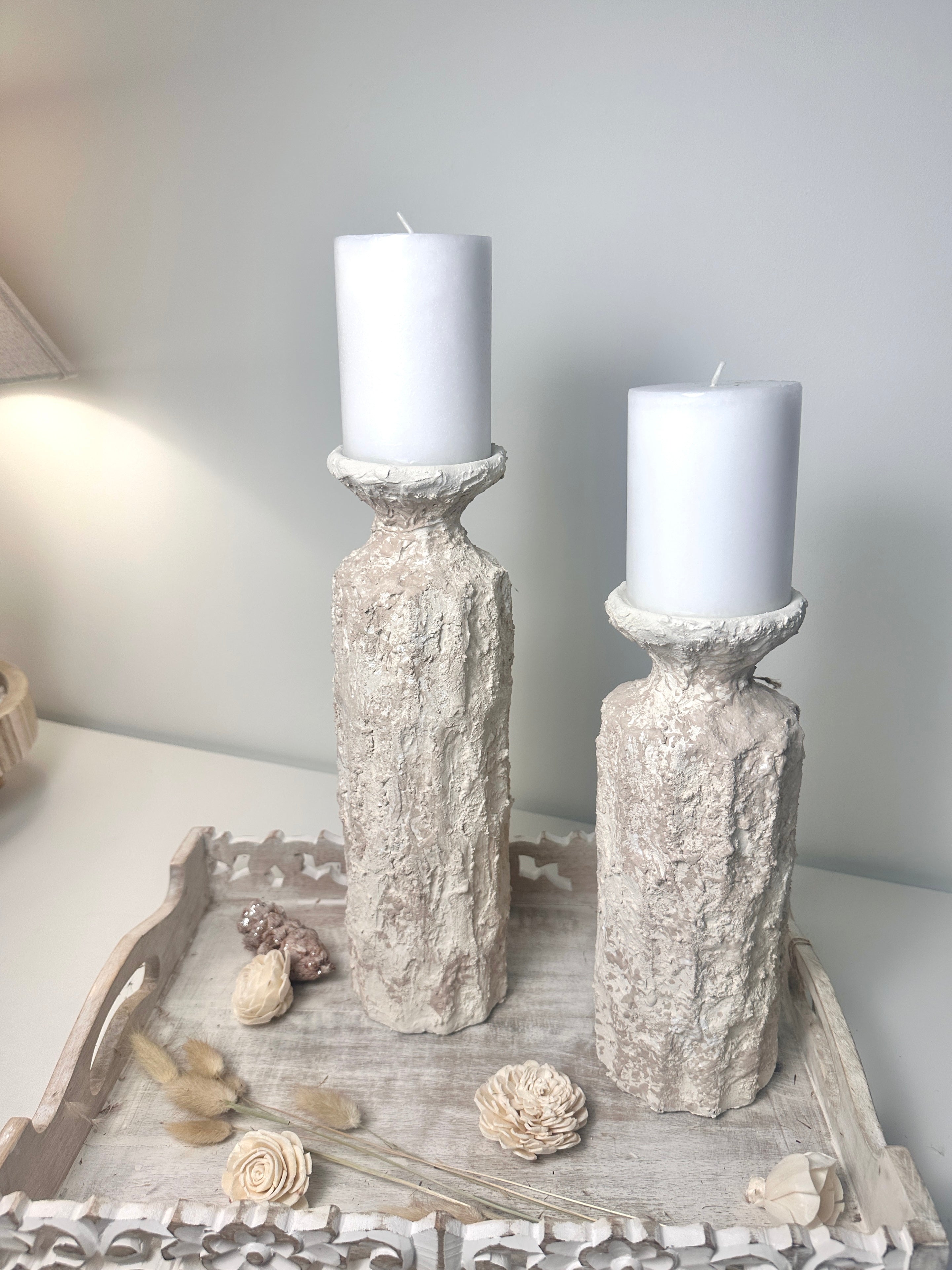 Minimalist Set of 2 Candle Holders Textured Hand-Painted - Cream Sand (10.5x4x4", 13x4x4")