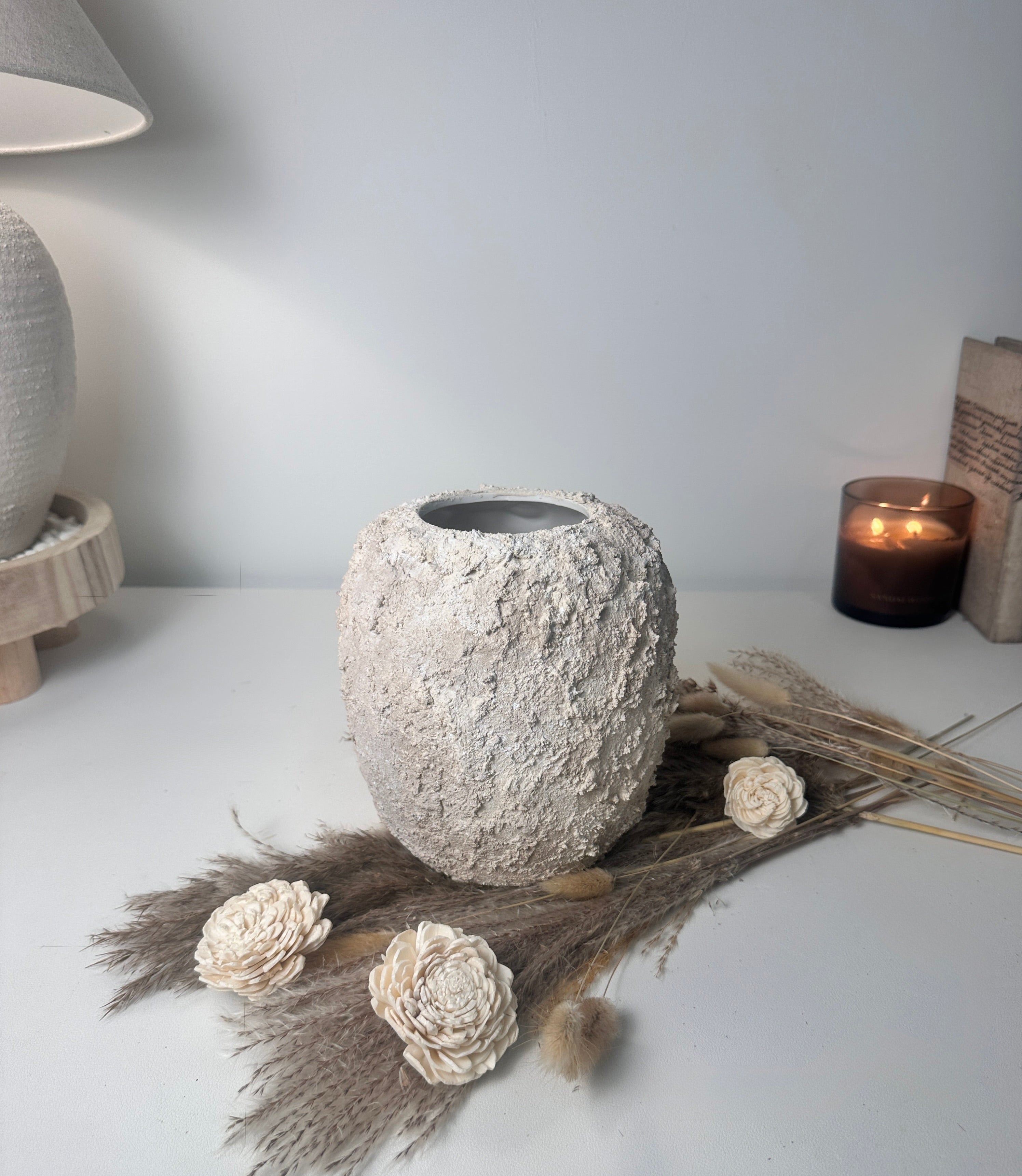 Minimalist Hand-Painted Textured Ceramic Round Vase 7" tall - cream sand wash