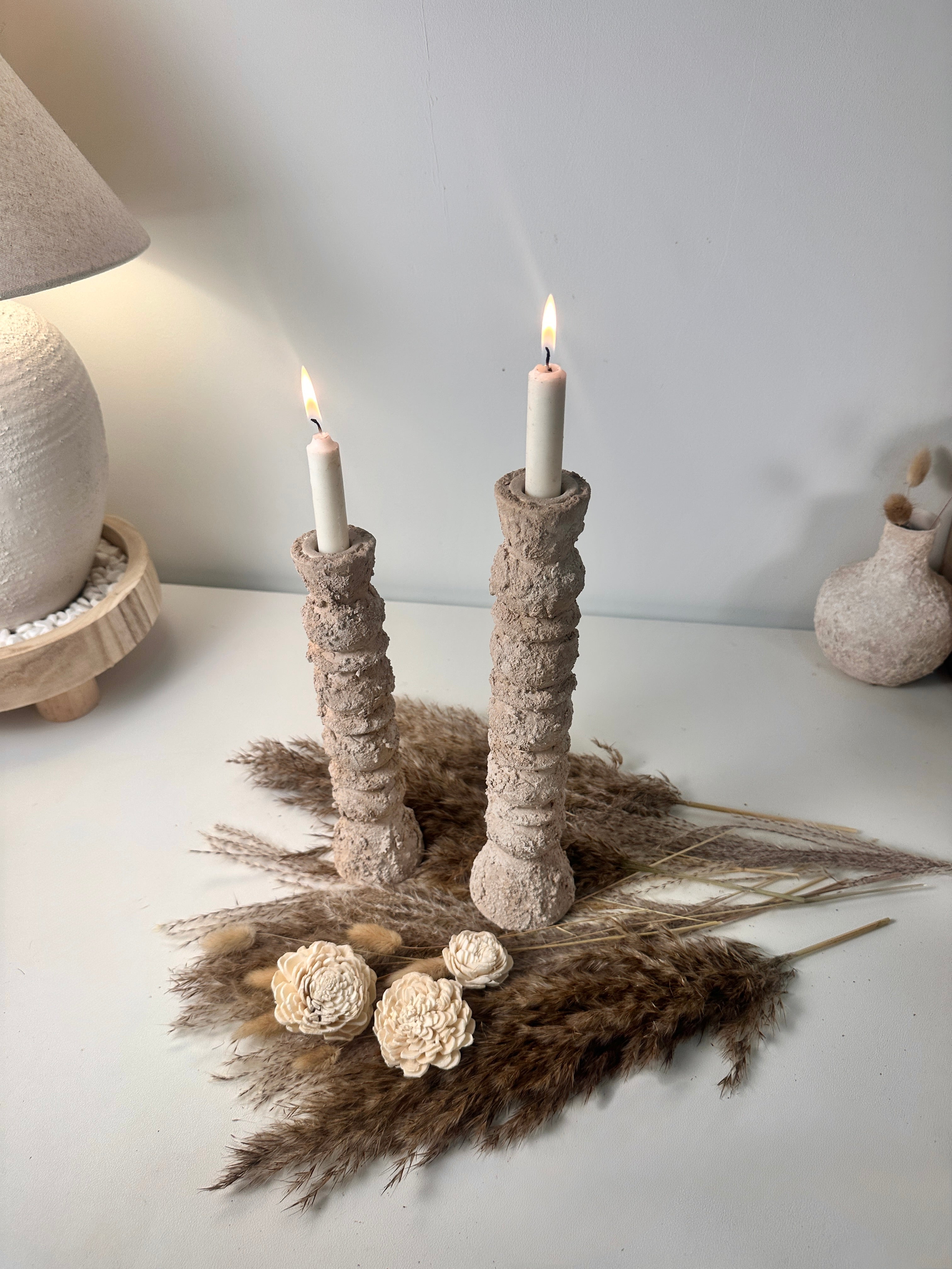 Set of 2 candlestick holders hand-painted and textured minimalist rustic style 12" tall and 10" tall - Tan Beige
