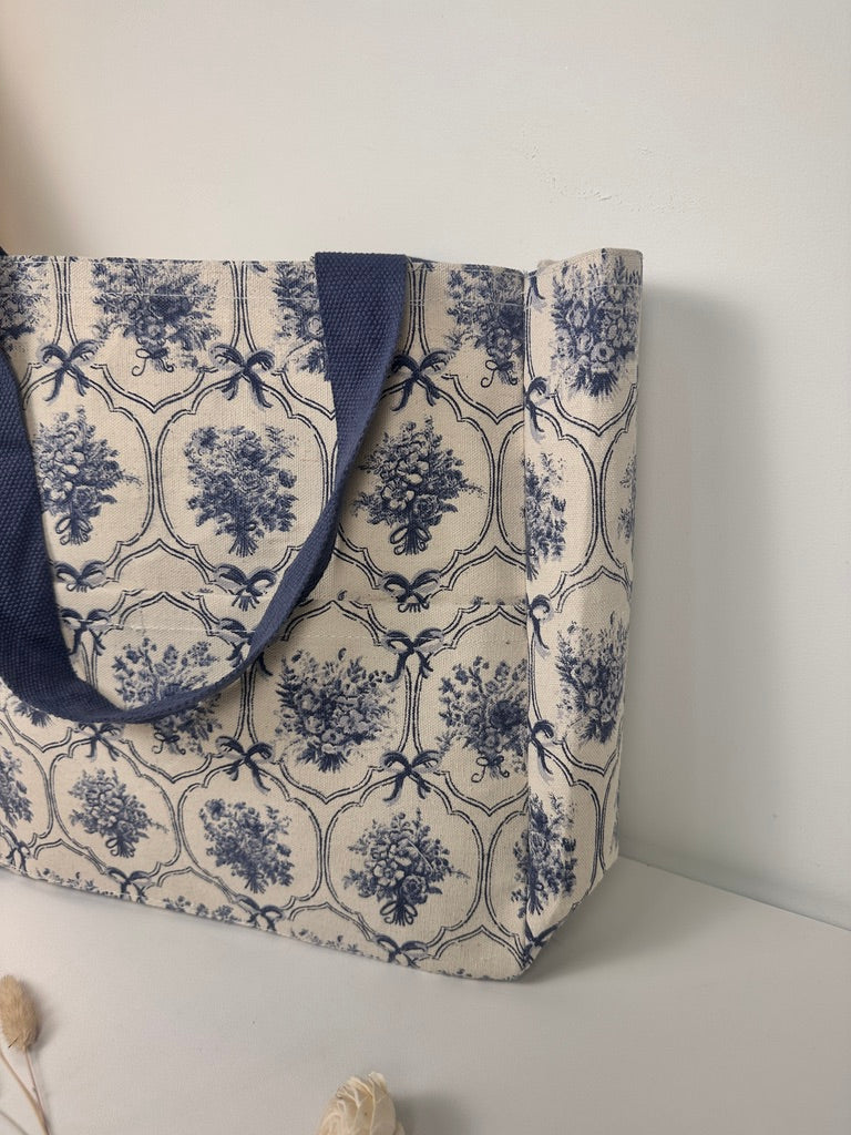 French Provençale Style Tote Bag 14" tall Eco-Friendly botanical floral print - Blue and White