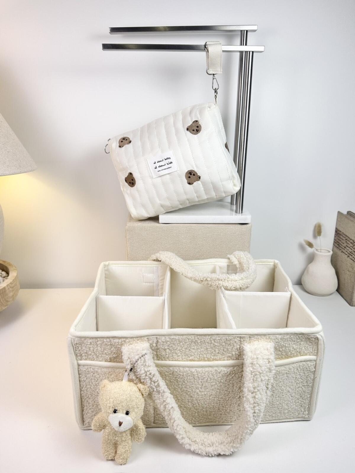 Set of 2 Pouch Bag One Handle and Caddy Diaper Bag for Baby Essentials - Cream