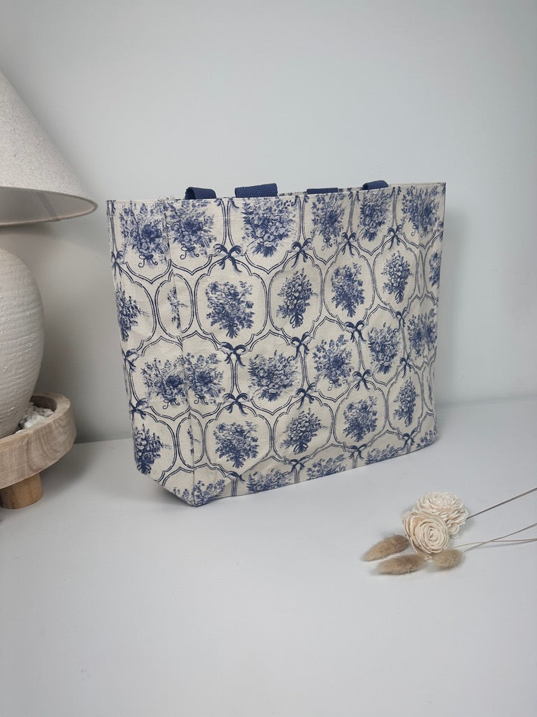French Provençale Style Tote Bag 14" tall Eco-Friendly botanical floral print - Blue and White