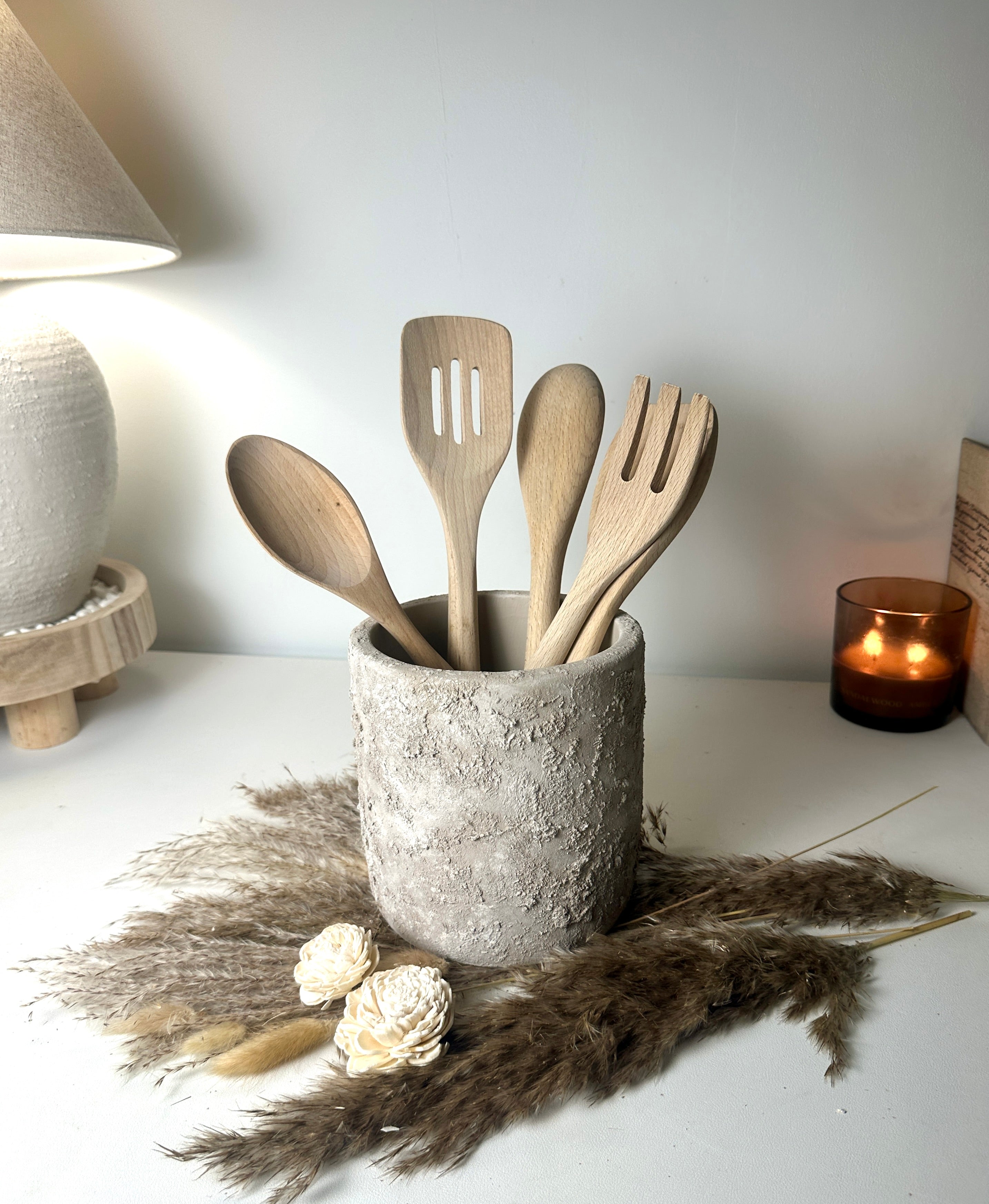 Utensil Spoon Kitchen Decor Pot Hand-Painted Textured 7" tall - Beige Wash