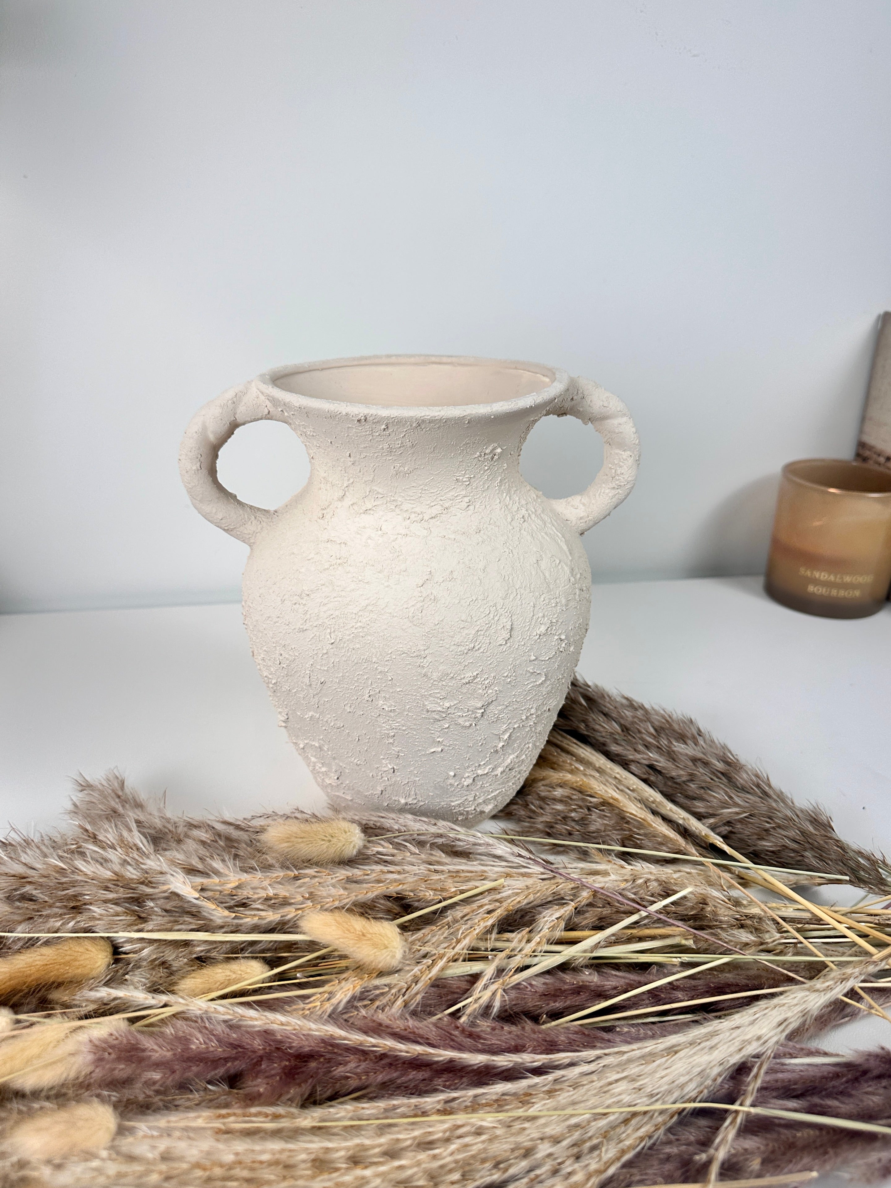 Minimalist Hand-Painted/Textured Ceramic Vase with 2 handles - 9" tall - Cream