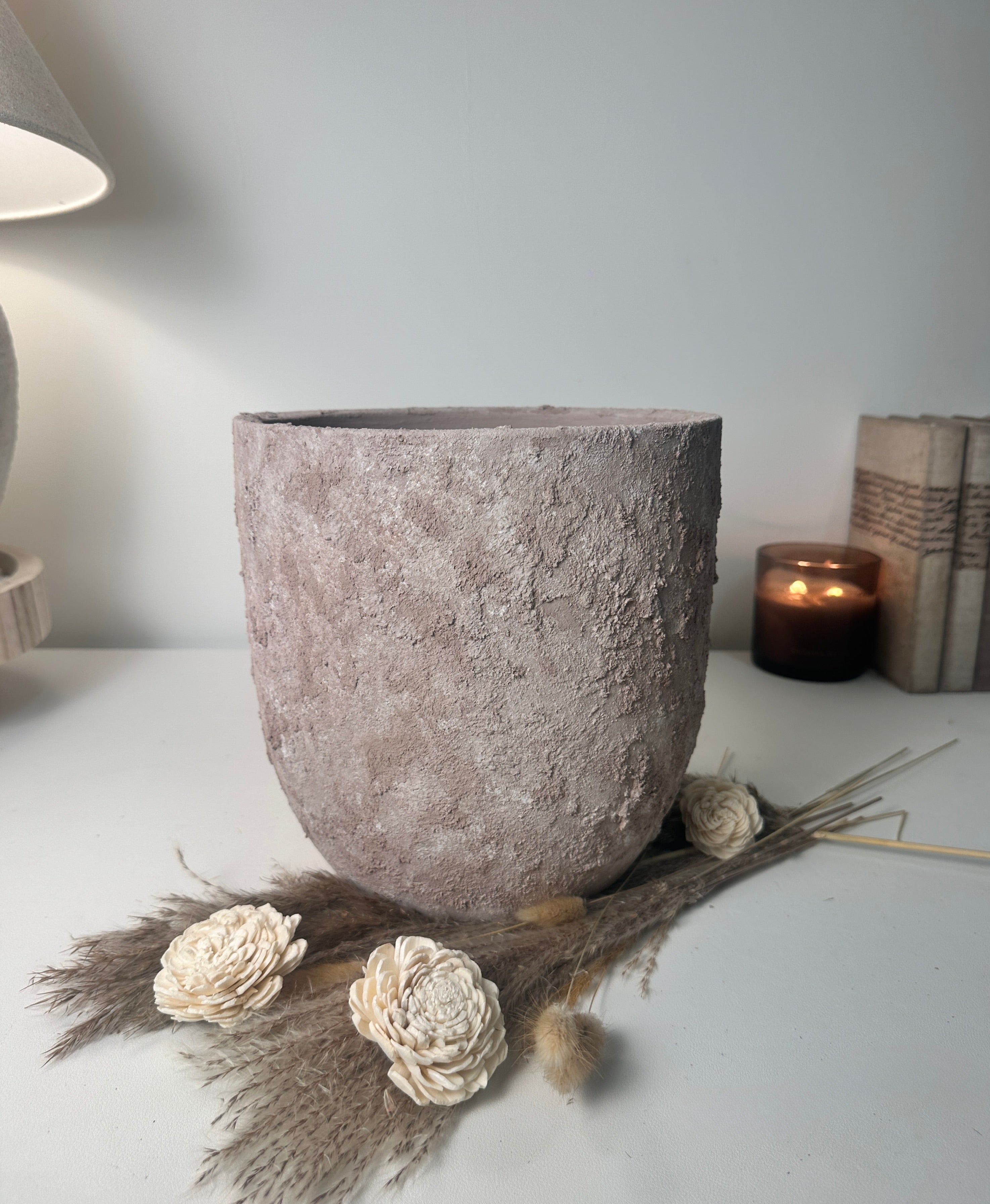 9" tall Minimalist Hand-Painted & Textured Planter Pot with Drainage Hole - Light Coffee Brown