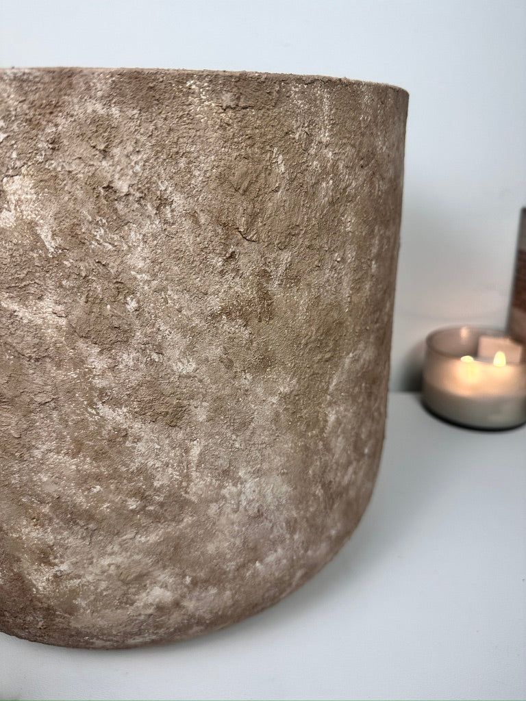 Rustic Hand-Painted & Textured Planter 12" tall with drainage hole one time creation - Brown washed