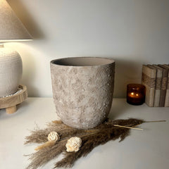 11" tall Minimalist Hand-Painted & Textured Planter Pot with drainage hole - Mesa Beige