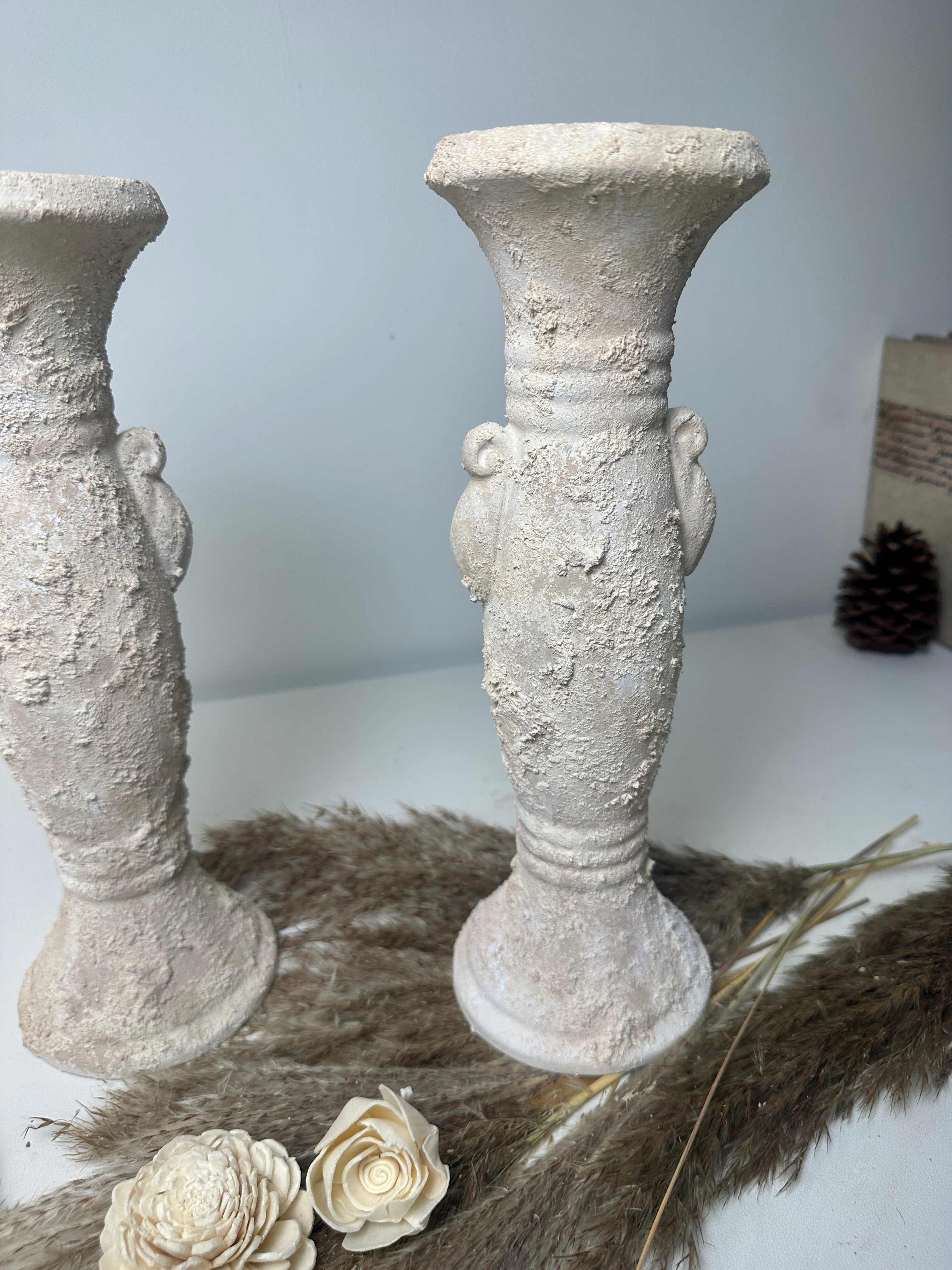 Set of 2 candlestick tray holders hand-painted and textured minimalist roman style 12" tall - Cream Sand wash
