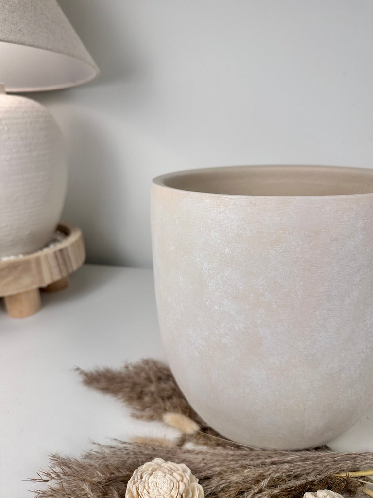 9" tall Minimalist Hand-Painted & Textured Planter Pot with drainage hole - Sand wash