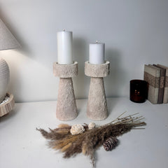 Set of 2 candle holder tray and stick minimalist style 11" tall - Cream wash