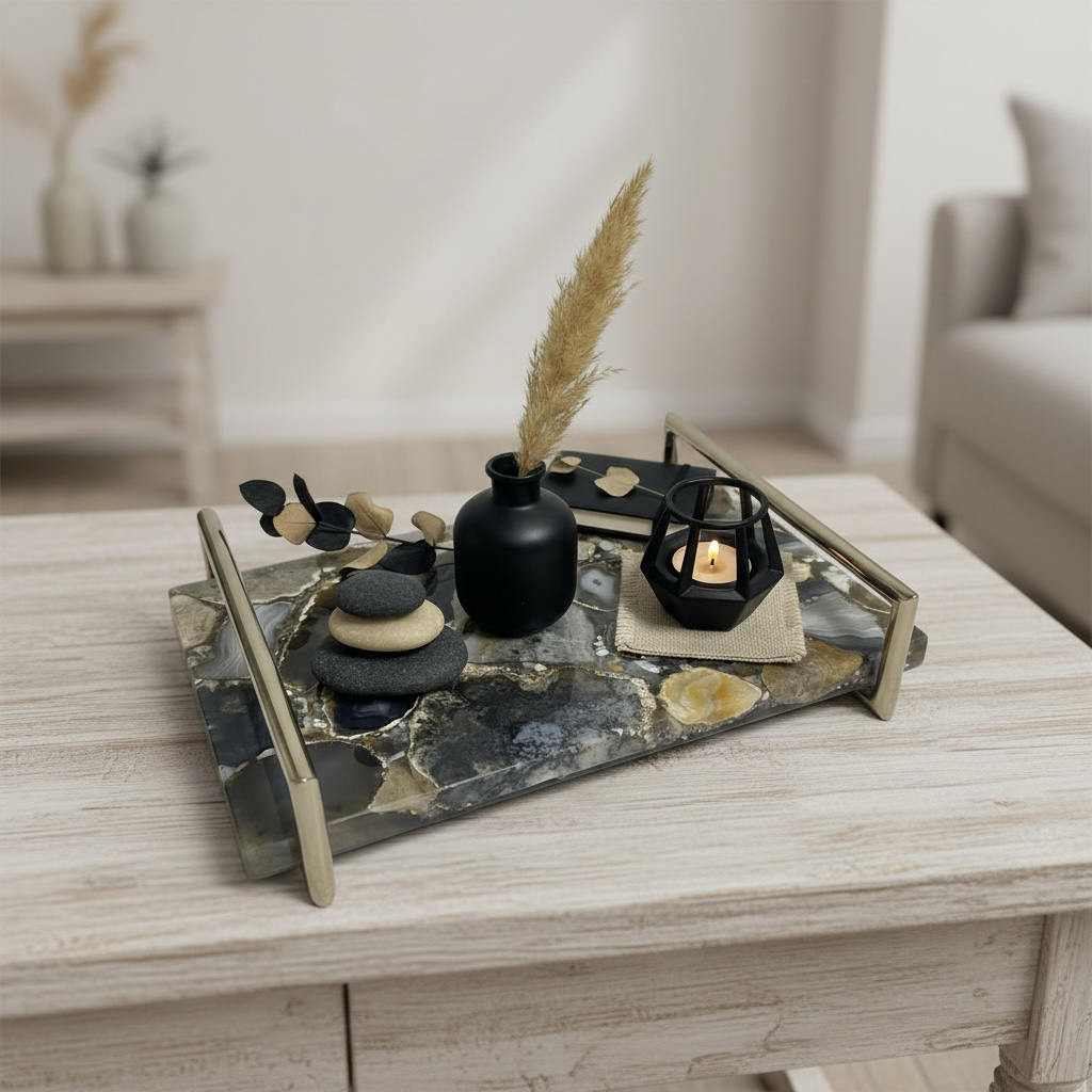 Gemstone mosaic style tray with Gold handle