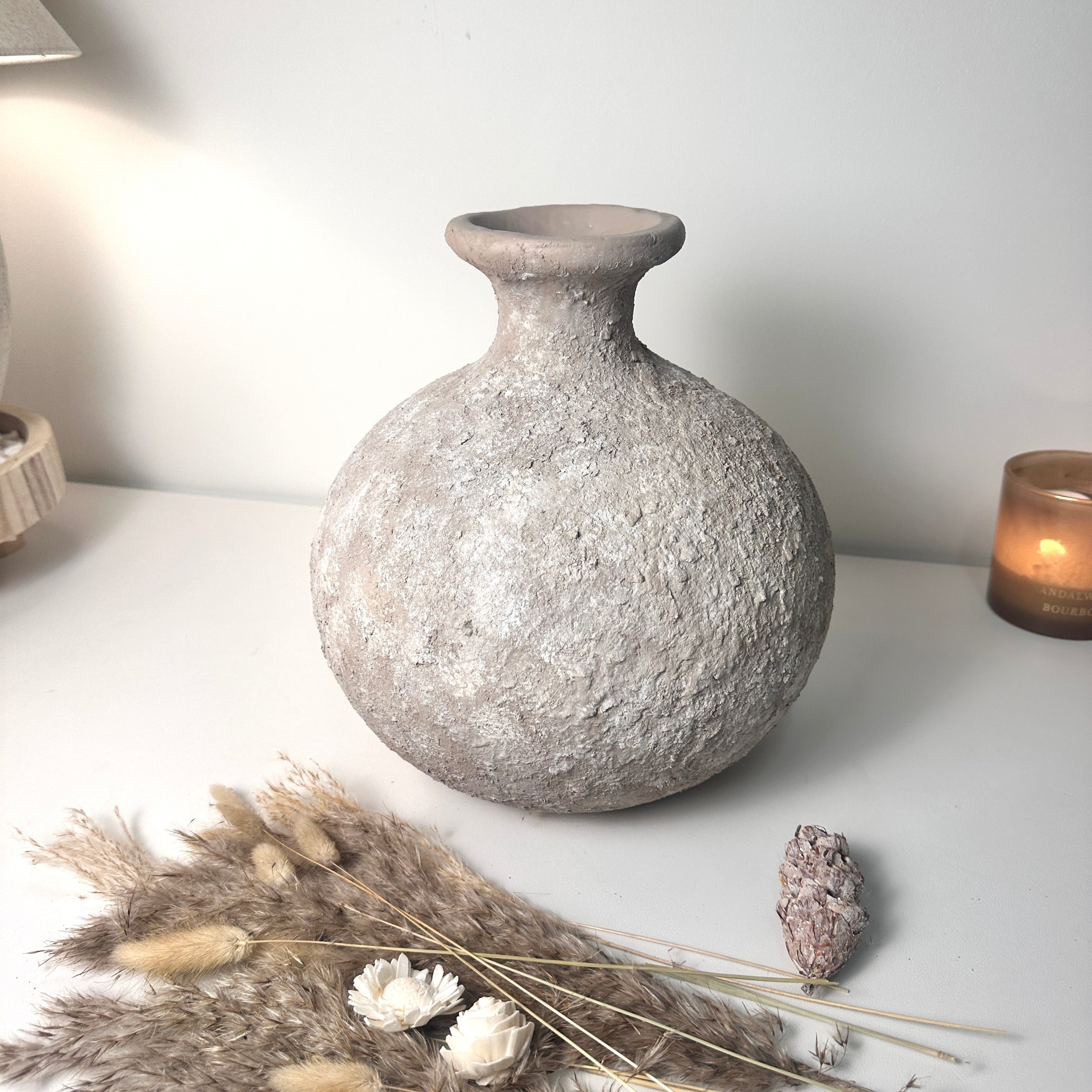 Rustic Hand-Painted Ceramic Round Bottle Vase 11" tall - Beige Wash