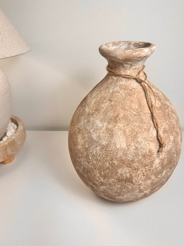 Rustic Hand-Painted Ceramic Round Bottle Vase 15" tall -  Brown Washed