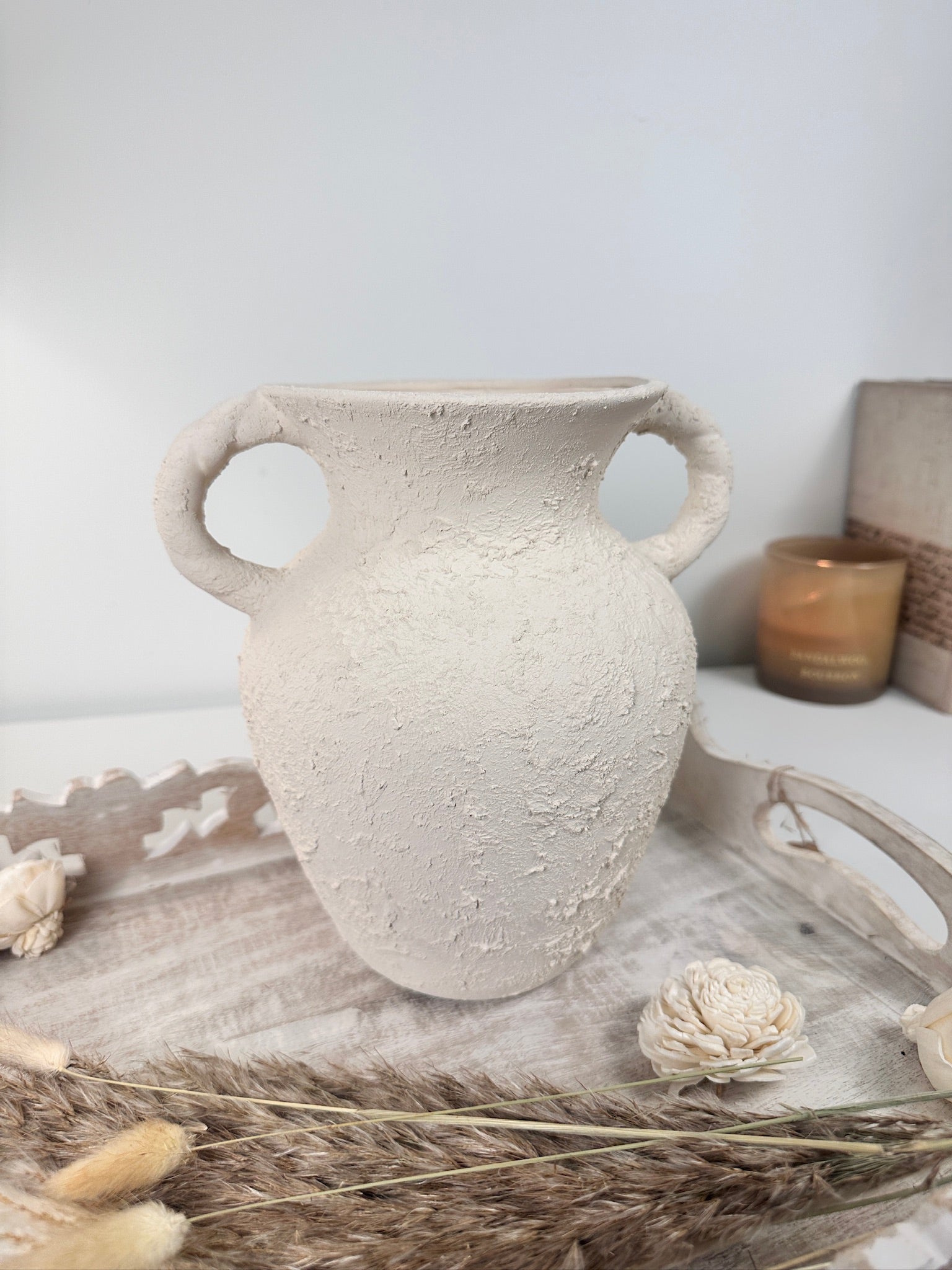 Minimalist Hand-Painted/Textured Ceramic Vase with 2 handles - 9" tall - Cream