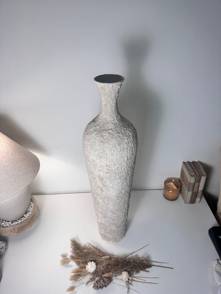 Floor Vase 32" tall minimalist hand-painted metal texture - cream wash