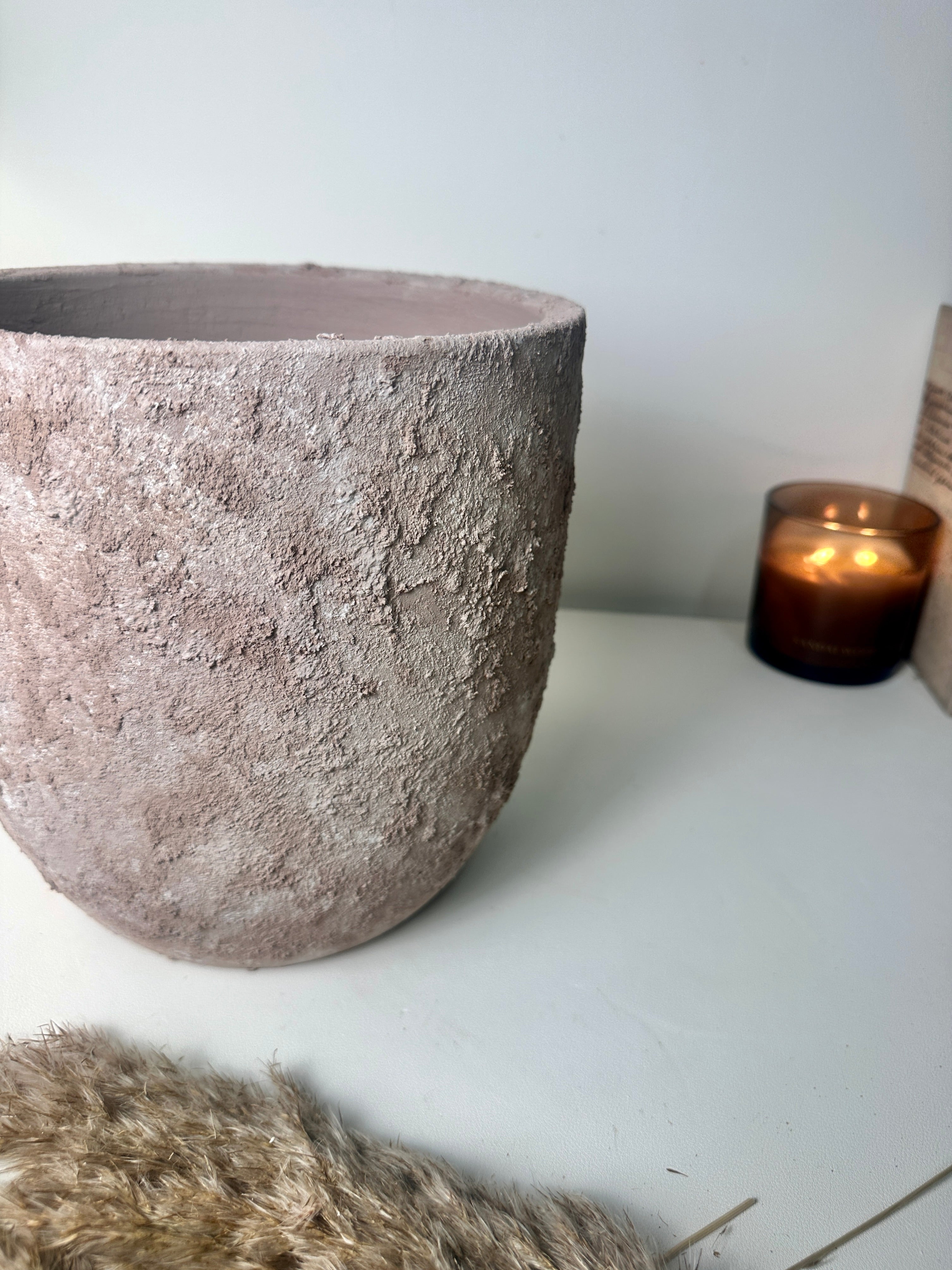 9" tall Minimalist Hand-Painted & Textured Planter Pot with Drainage Hole - Light Coffee Brown