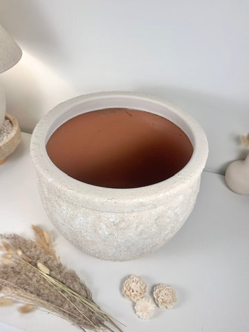 Minimalist Hand-Painted & Textured Planter Pot 12" tall with drainage hole one time creation - Cream wash