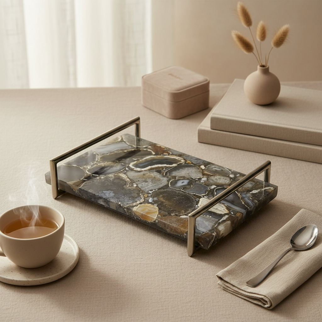 Gemstone mosaic style tray with Gold handle