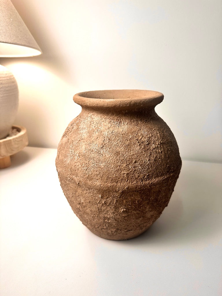 Earth Brown Color Ceramic Vase Painted and Textured By Hand 10.5x9x9"