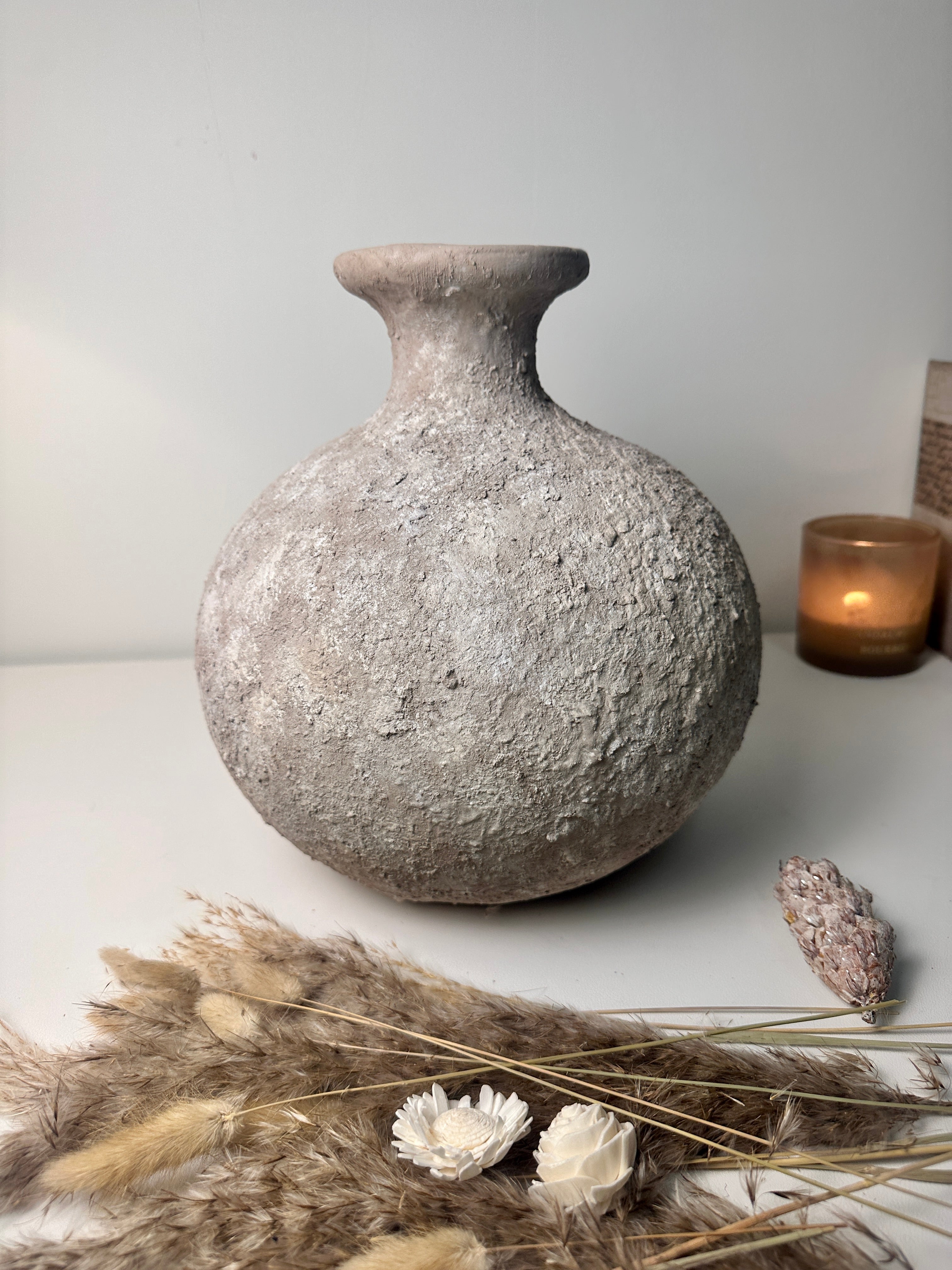 Rustic Hand-Painted Ceramic Round Bottle Vase 11" tall - Beige Wash