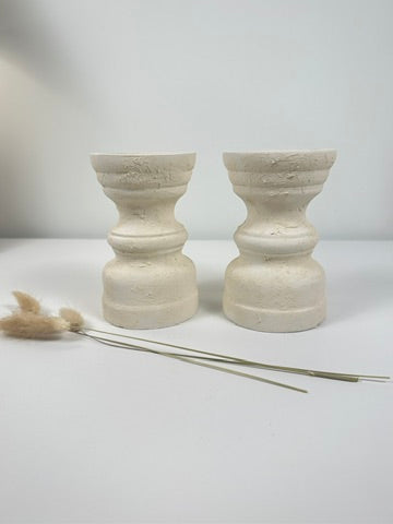 Set of 2 Candle Holders Minimalist Style Hand-Painted and Textured Wood 6" tall each - Cream White
