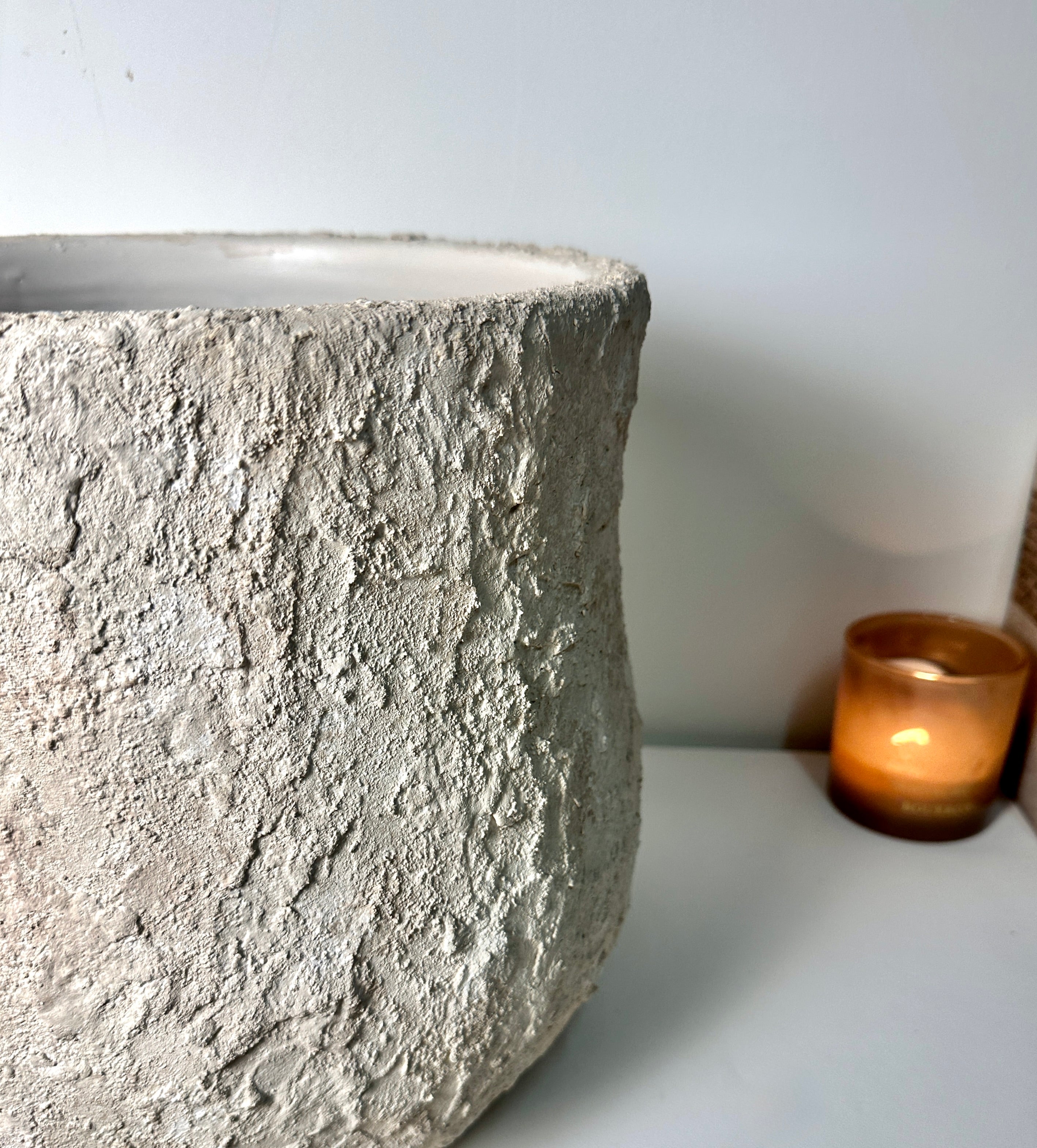 Minimalist Hand-Painted & Textured Planter Pot 12" tall with drainage hole one time creation - Cream Linen wash