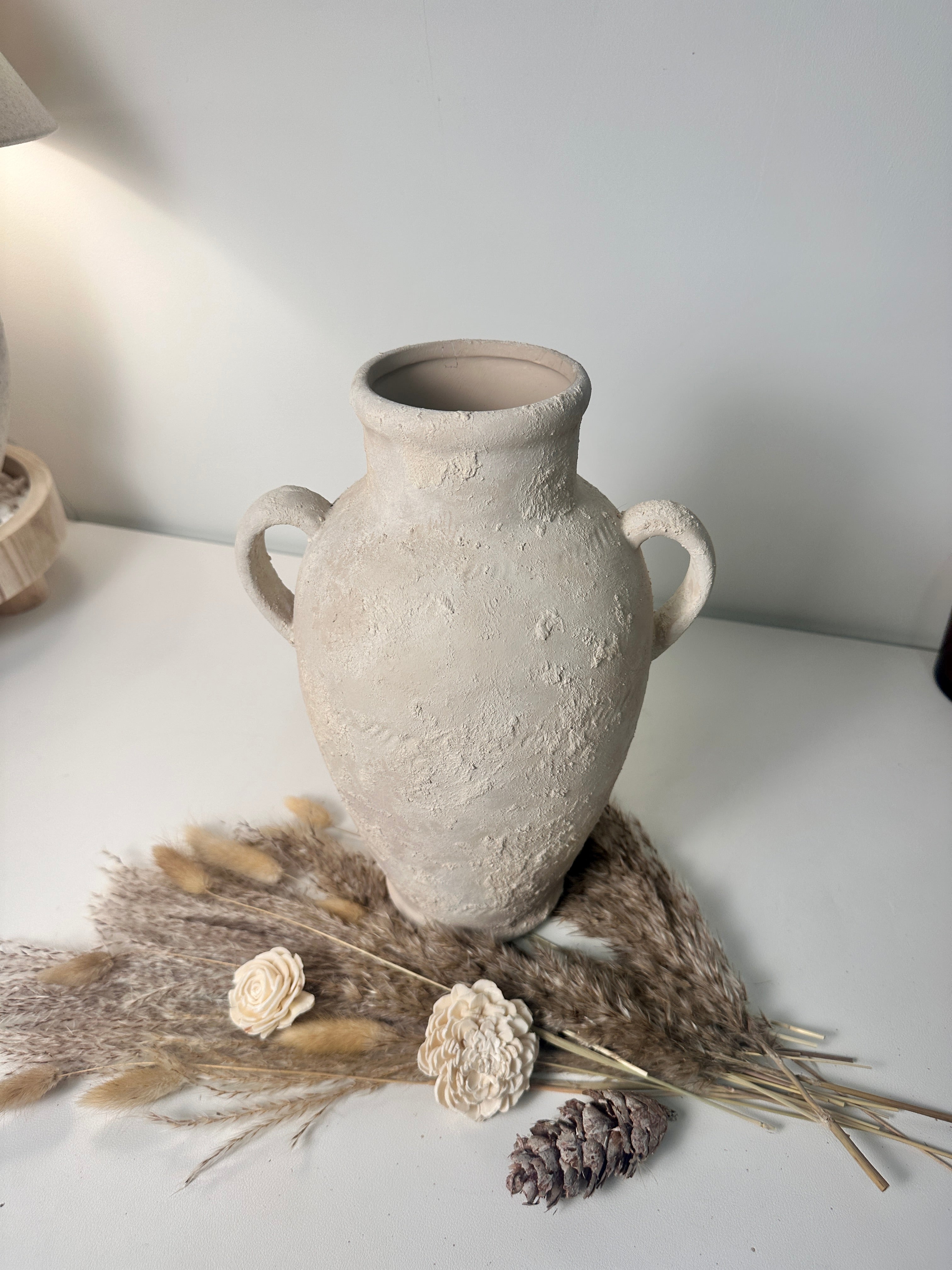 Minimalist Textured Hand-painted Ceramic Vase 12" tall - cream sand/off-white