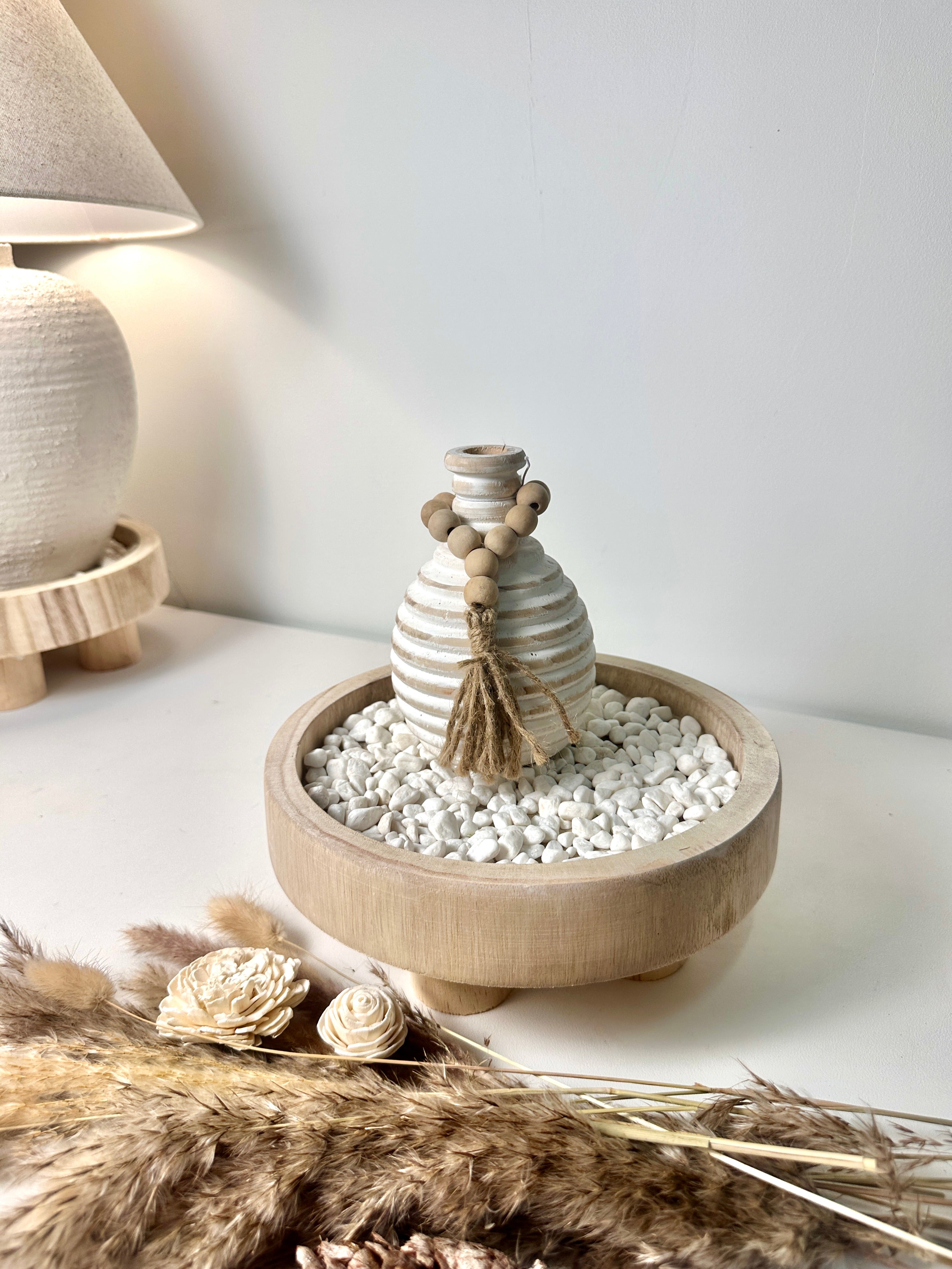 Set of 3 Home Decorative Round Wood Tray, Small Boho Style Vase, White Rocks