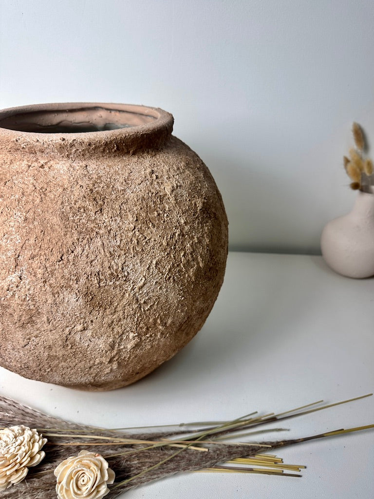 Rustic Textured Hand-Painted Ceramic Round Vase 14.5" - Earth Brown