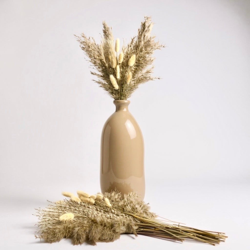 Contemporary Spanish Handcrafted Decorative Glass Vase, Tan, Modern Cylindrical Design 14"