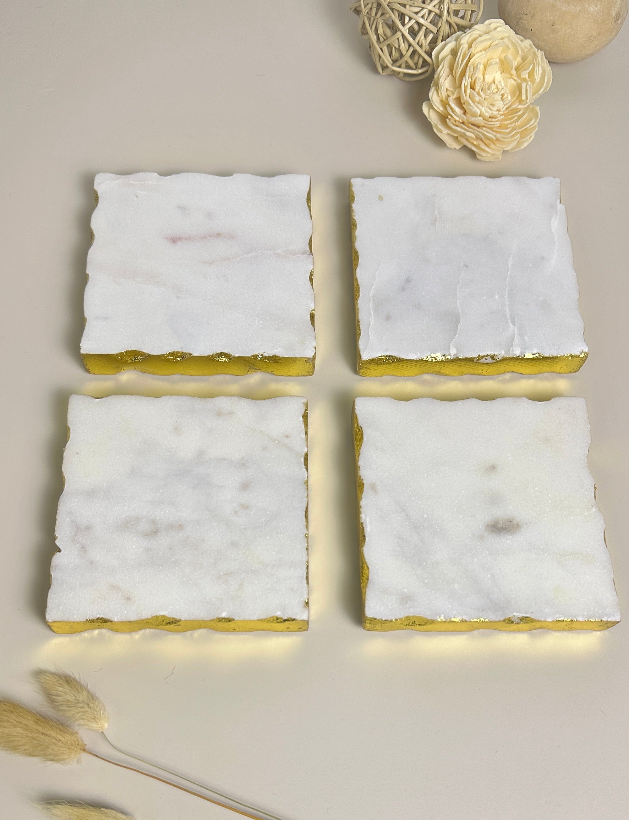 Elegant White Marble and Gold Coasters - Set of 4