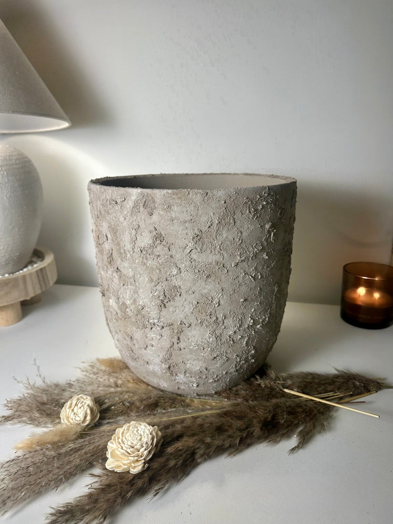 11" tall Minimalist Hand-Painted & Textured Planter Pot with drainage hole - Mesa Beige