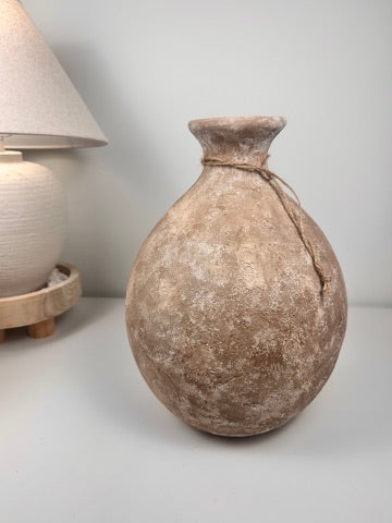 Rustic Hand-Painted Ceramic Round Bottle Vase 15" tall -  Brown Washed