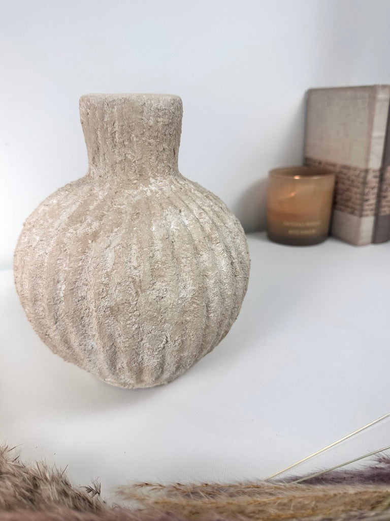 Rustic Minimalist Textured Hand-painted Ceramic Vase 8" tall - Beige Sand Washed
