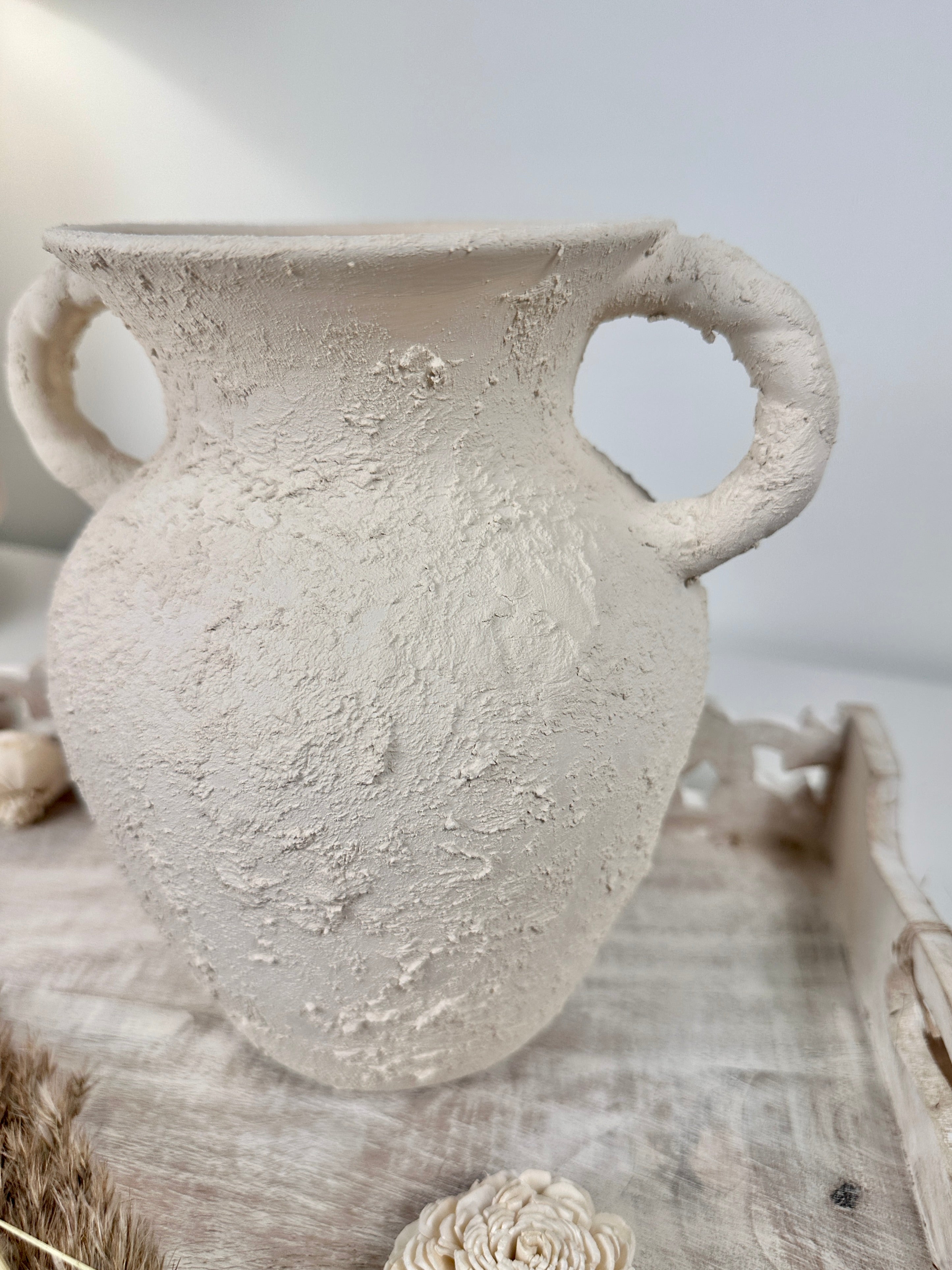 Minimalist Hand-Painted/Textured Ceramic Vase with 2 handles - 9" tall - Cream