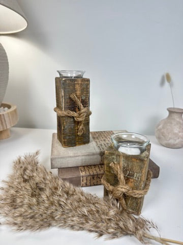 Set of 2 Rustic Farmhouse Handcrafted Candle Holders 4“ and 6” tall