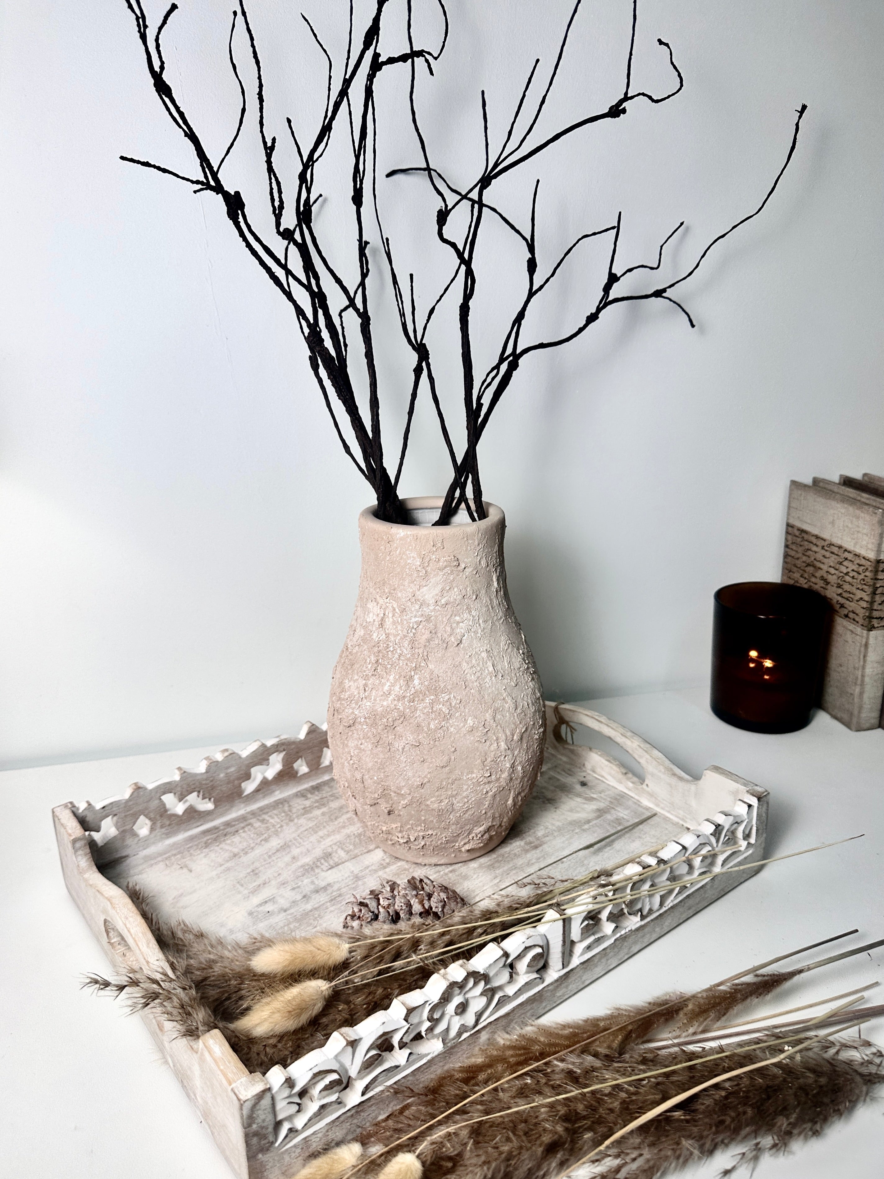 Rustic Ceramic Vase Textured Hand-Painted 10" tall - Light Beige Wash