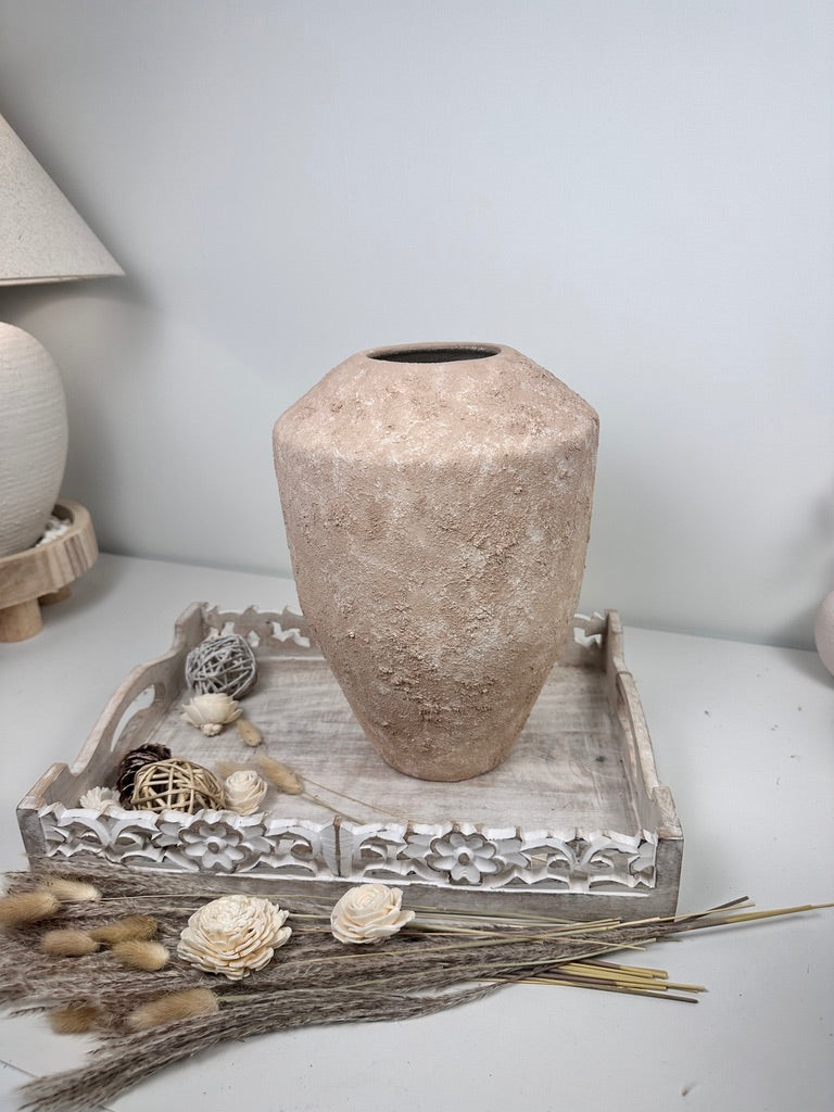 Rustic Minimalist Textured Hand-Painted Ceramic Vase 12" - Light Beige Wash