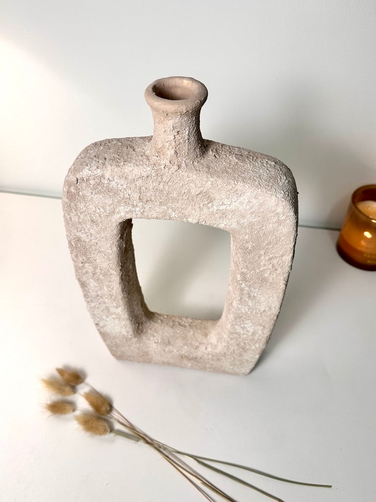 Rustic Hand-Painted Textured Vase 10" tall - Beige Wash