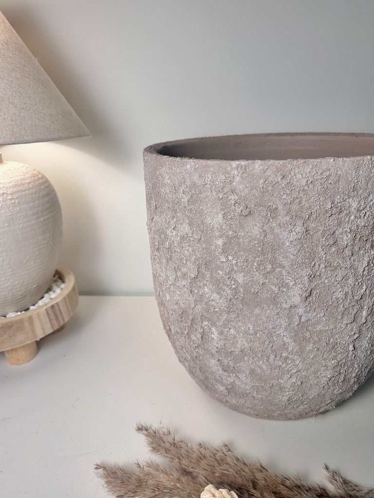 13.5" Minimalist Hand-Painted & Textured Planter Pot with Drainage Hole - Beige Wash