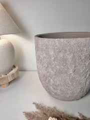 13.5" Minimalist Hand-Painted & Textured Planter Pot with Drainage Hole - Beige Wash