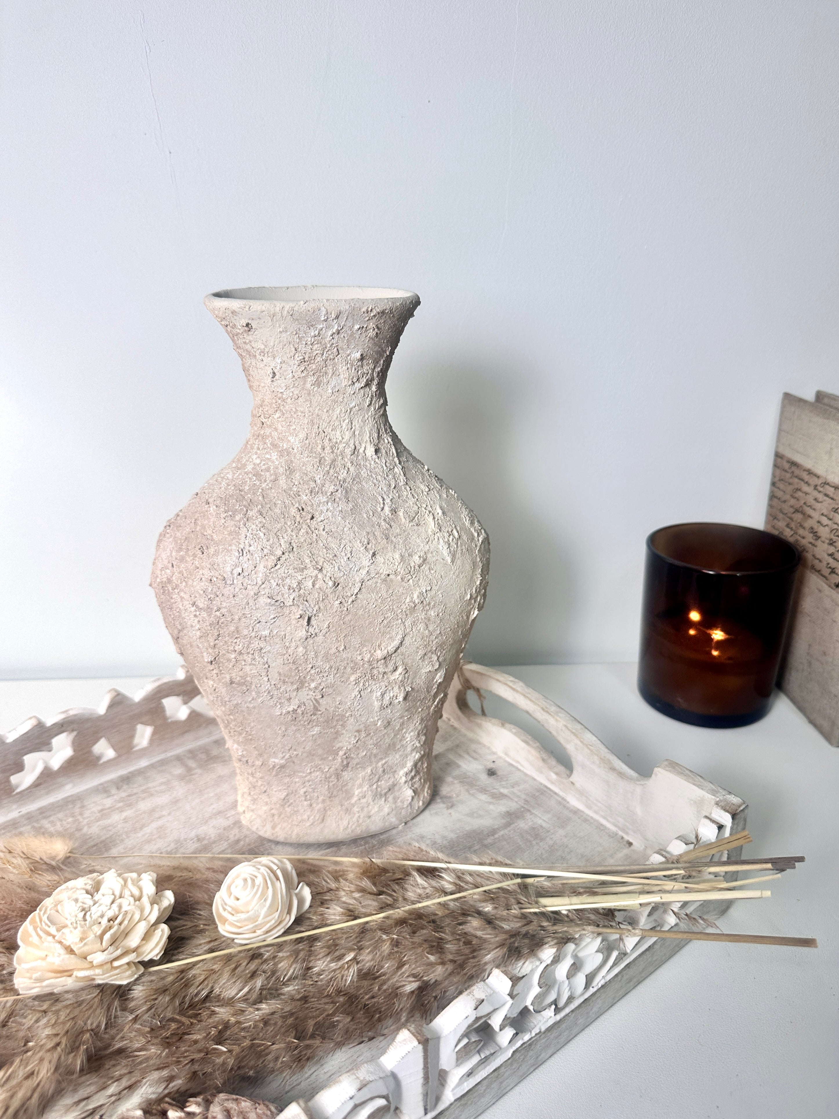 Minimalist Textured Hand-painted Ceramic Decorative Vase 11"  - Cream wash