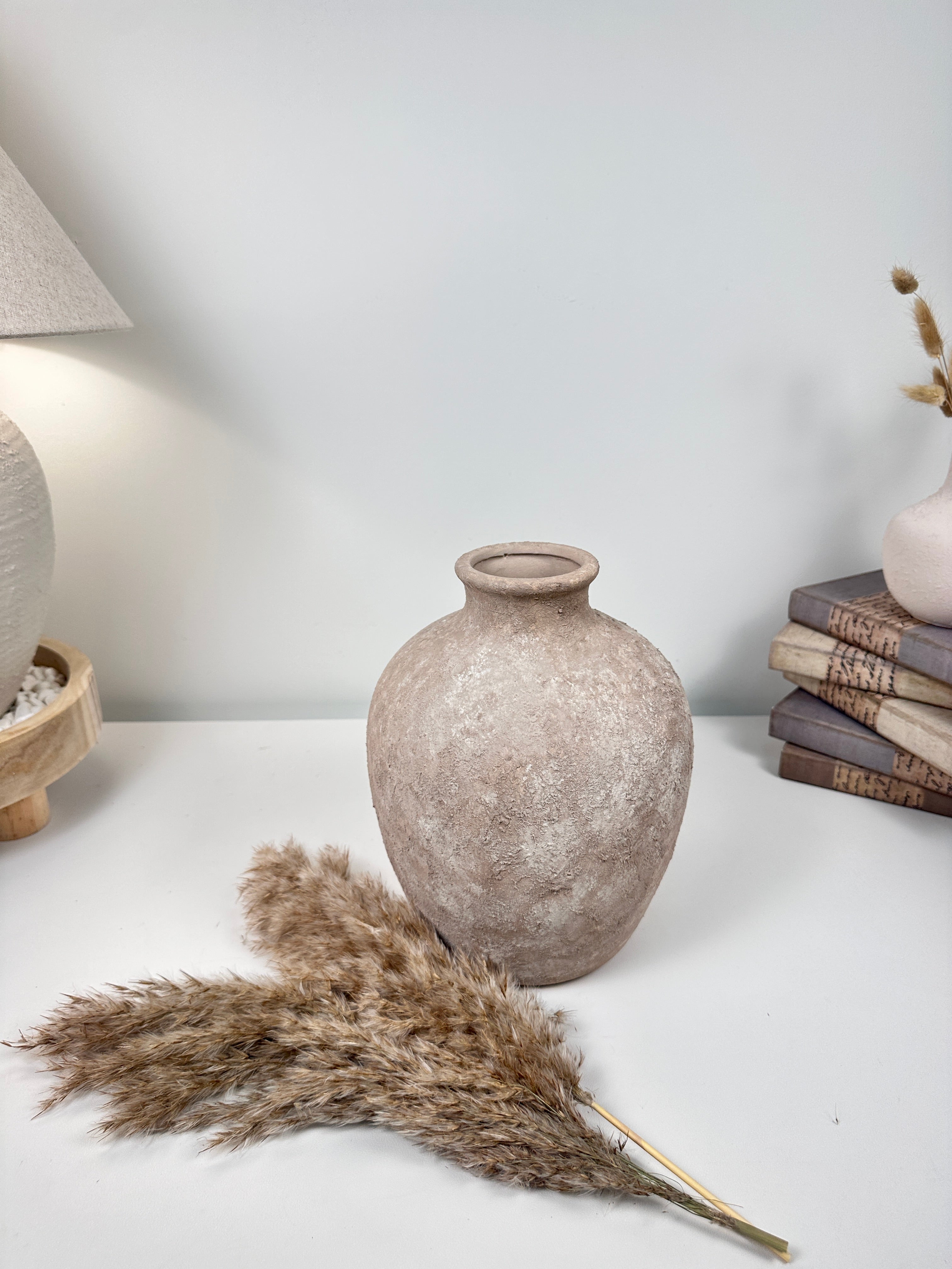 Minimalist Hand-Painted Textured Ceramic Vase 10" tall -  Beige Washed