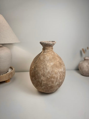 Rustic Hand-Painted Ceramic Round Bottle Vase 15" tall -  Brown Washed