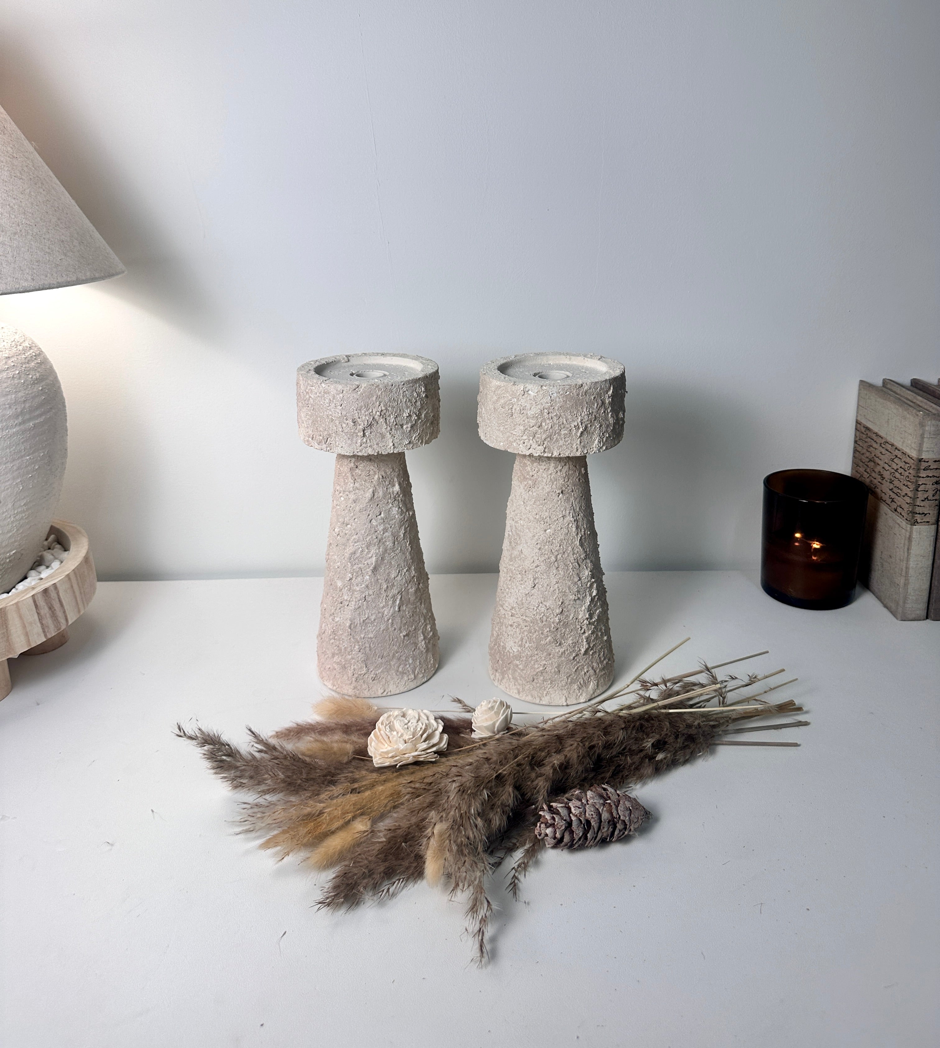 Set of 2 candle holder tray and stick minimalist style 11" tall - Cream wash