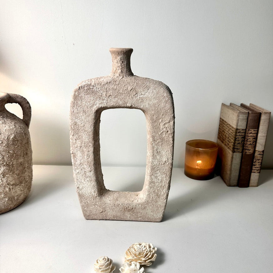 Rustic Hand-Painted Textured Vase 10" tall - Beige Wash